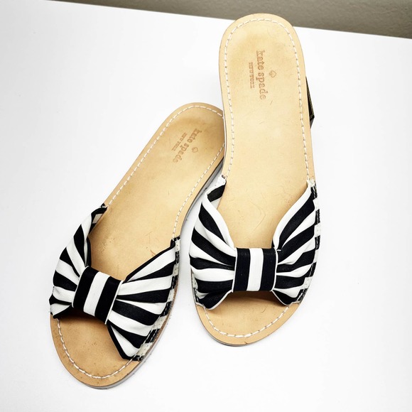 kate spade Shoes - Kate Spade Indi Bow Black & White Striped Sandals Slides